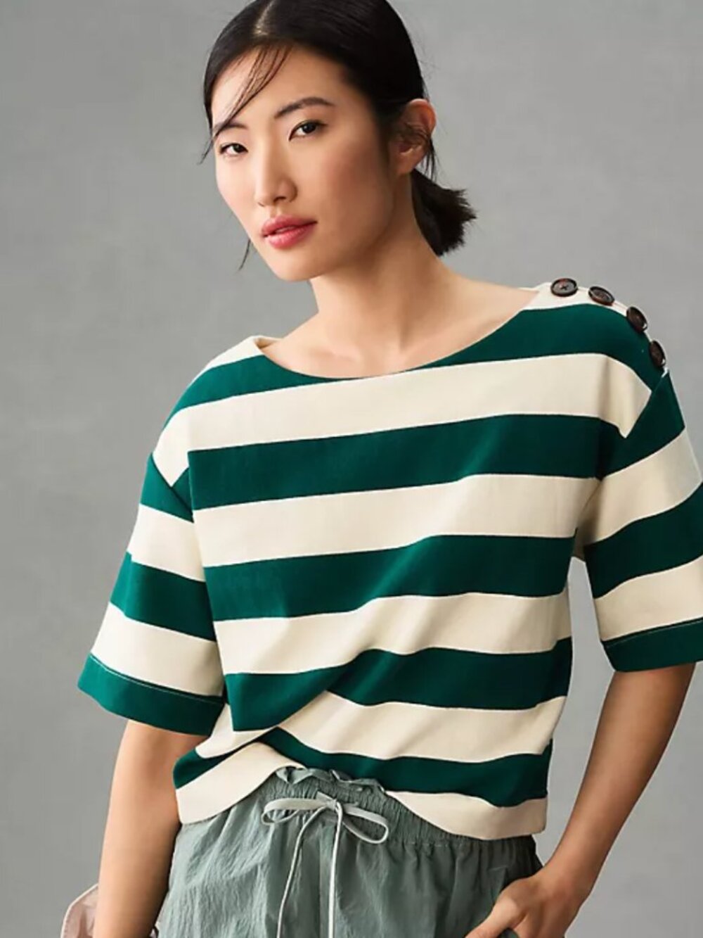 Anthropologie Green White Striped Crop box tee